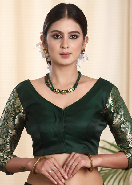 Party Wear Forest Green Banarasi Blouse  with Striking Buttons at the Back. Lining Given
