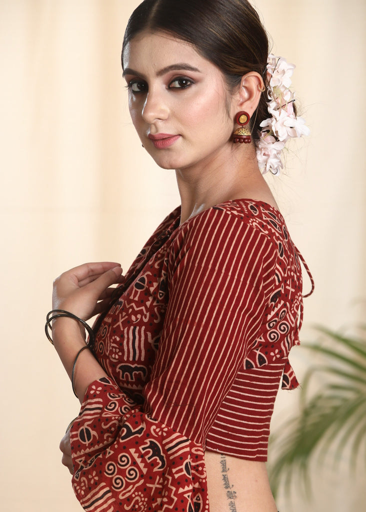 Trendy Cotton Ajrakh Combination Blouse with Peplum Sleeves