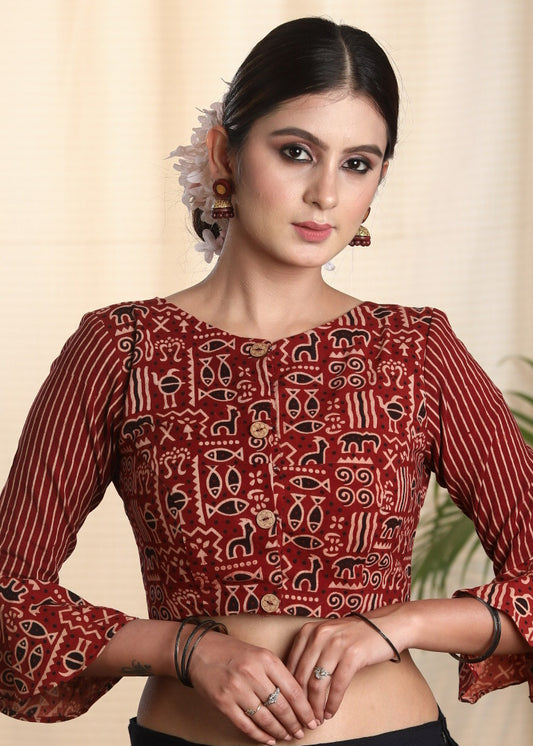 Trendy Cotton Ajrakh Combination Blouse with Peplum Sleeves