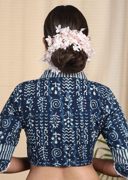 Cotton Indigo Combination  Blouse  with Lace and Elegant Collars