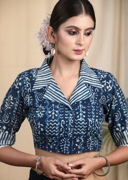 Cotton Indigo Combination  Blouse  with Lace and Elegant Collars
