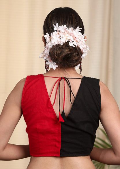 Elegant Half & Half  Slub  Cotton Sleeveless Blouse with Pin Tuck All Over