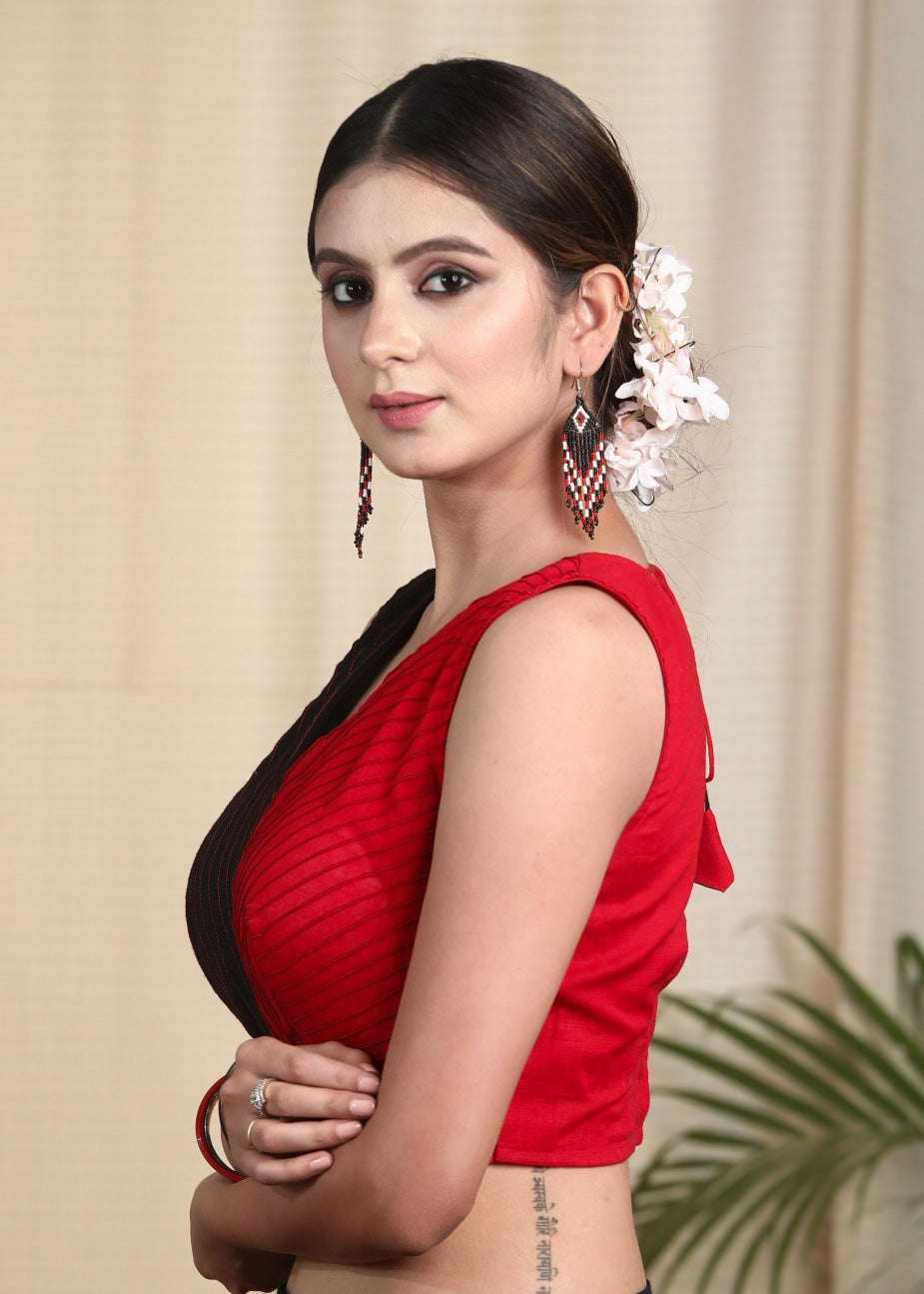 Elegant Half & Half  Slub  Cotton Sleeveless Blouse with Pin Tuck All Over