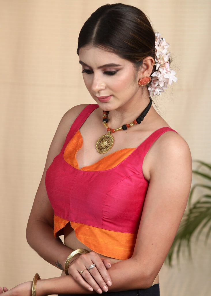 Uniquely designed Pink and orange Cotton Silk  Sleeveless Blouse