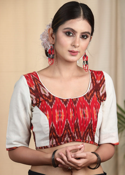 Elegant Ikat and Offwhite Contrast Cotton Blouse