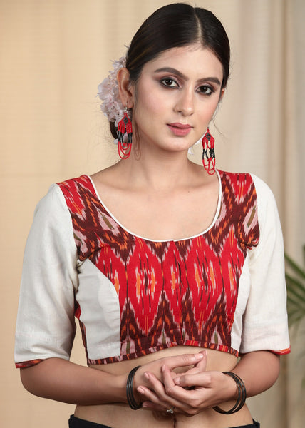 Elegant Ikat and Offwhite Contrast Cotton Blouse