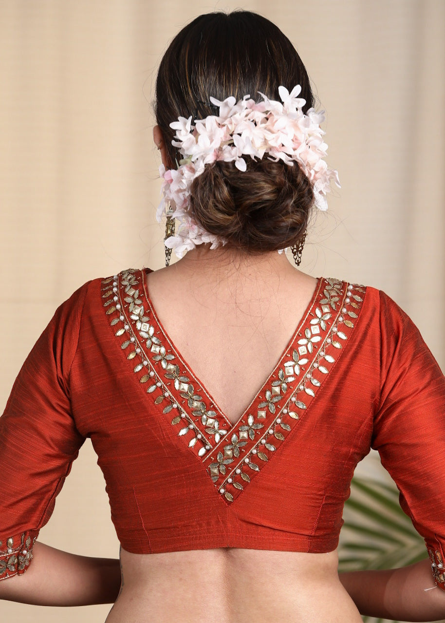 Party Wear Maroon Cotton Silk Blouse with Hand Emroidered Zardosi Work at Front , Back and sleeves