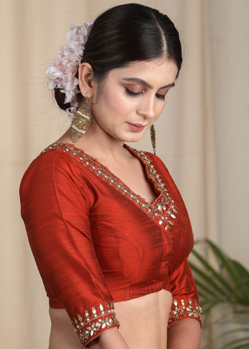 Party Wear Maroon Cotton Silk Blouse with Hand Emroidered Zardosi Work at Front , Back and sleeves