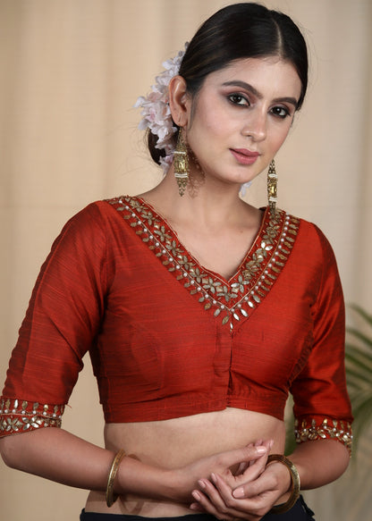 Party Wear Maroon Cotton Silk Blouse with Hand Emroidered Zardosi Work at Front , Back and sleeves