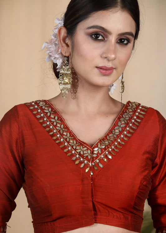 Party Wear Maroon Cotton Silk Blouse with Hand Emroidered Zardosi Work at Front , Back and sleeves