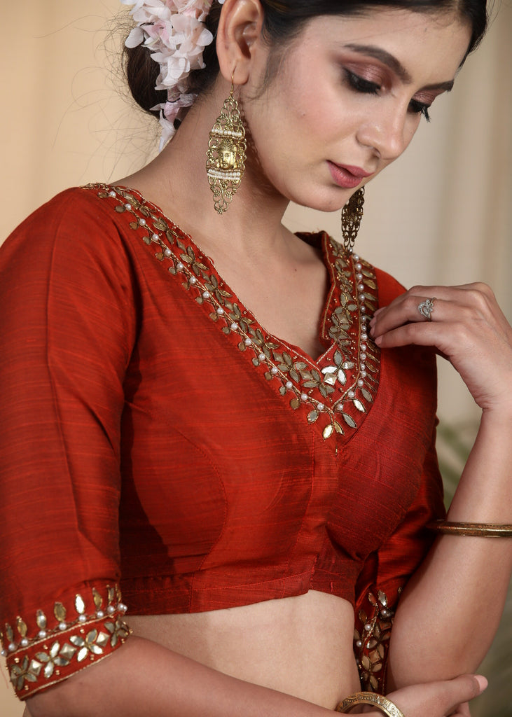 Party Wear Maroon Cotton Silk Blouse with Hand Emroidered Zardosi Work at Front , Back and sleeves
