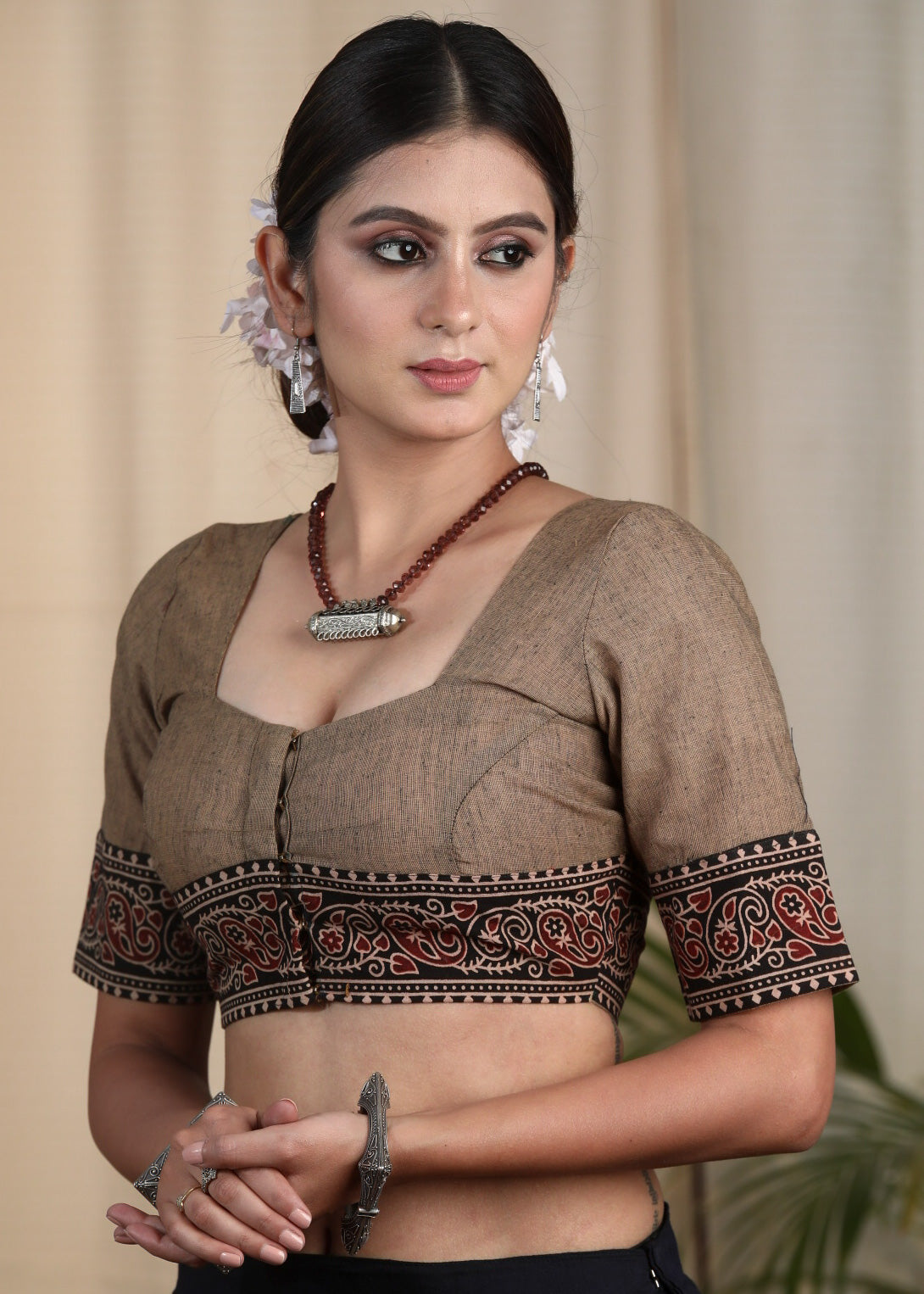 Elegant and Striking Chikoo  colored Cotton Handloom Blouse with Ajrakh Border