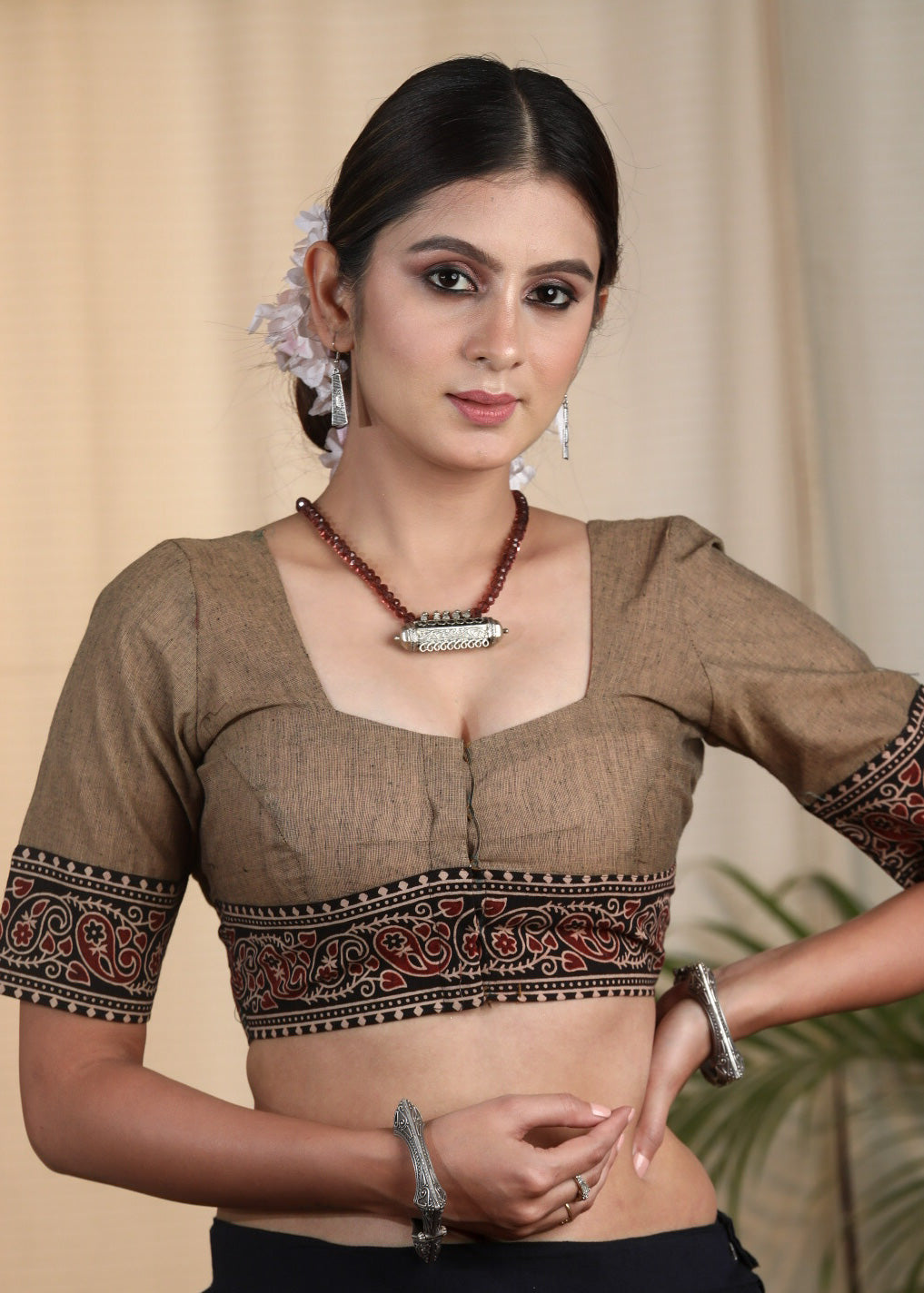 Dussehra Sale — Elegant and Striking Chikoo  colored Cotton Handloom Blouse with Ajrakh Border