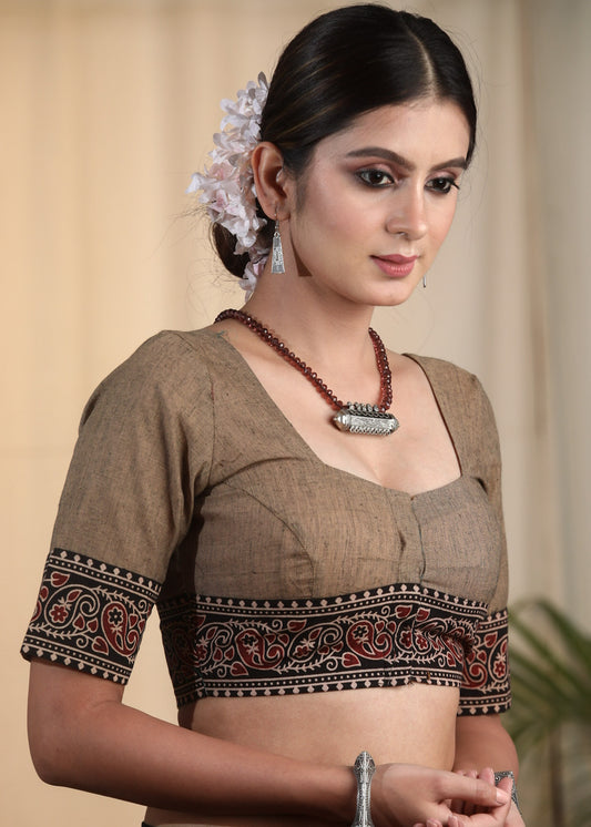 Elegant and Striking Chikoo  colored Cotton Handloom Blouse with Ajrakh Border