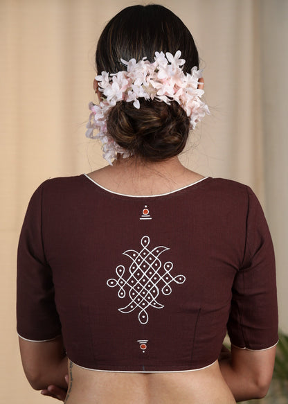 Coffee Brown Cotton Slub Blouse with Fine Hand painting on Sleeves and Back