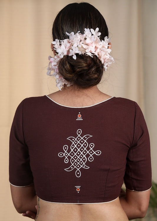 Coffee Brown Cotton Slub Blouse with Fine Hand painting on Sleeves and Back