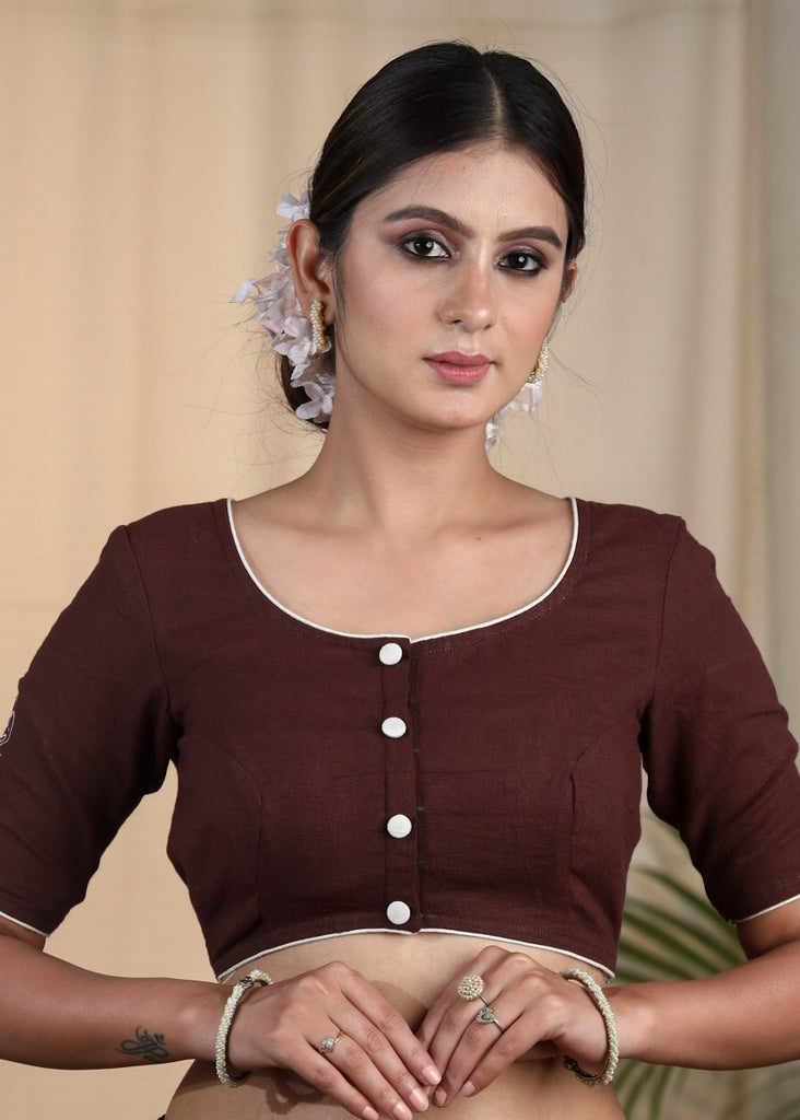 Coffee Brown Cotton Slub Blouse with Fine Hand painting on Sleeves and Back
