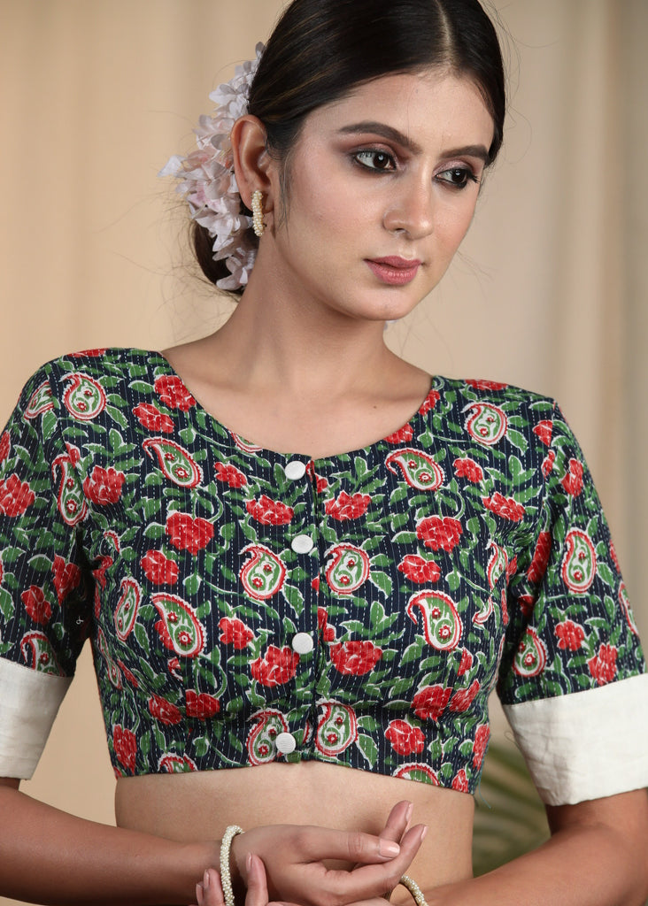 Graceful Cotton Block Printed  Blouse with Kanta Stitches and Cotrast Yoke at the Back