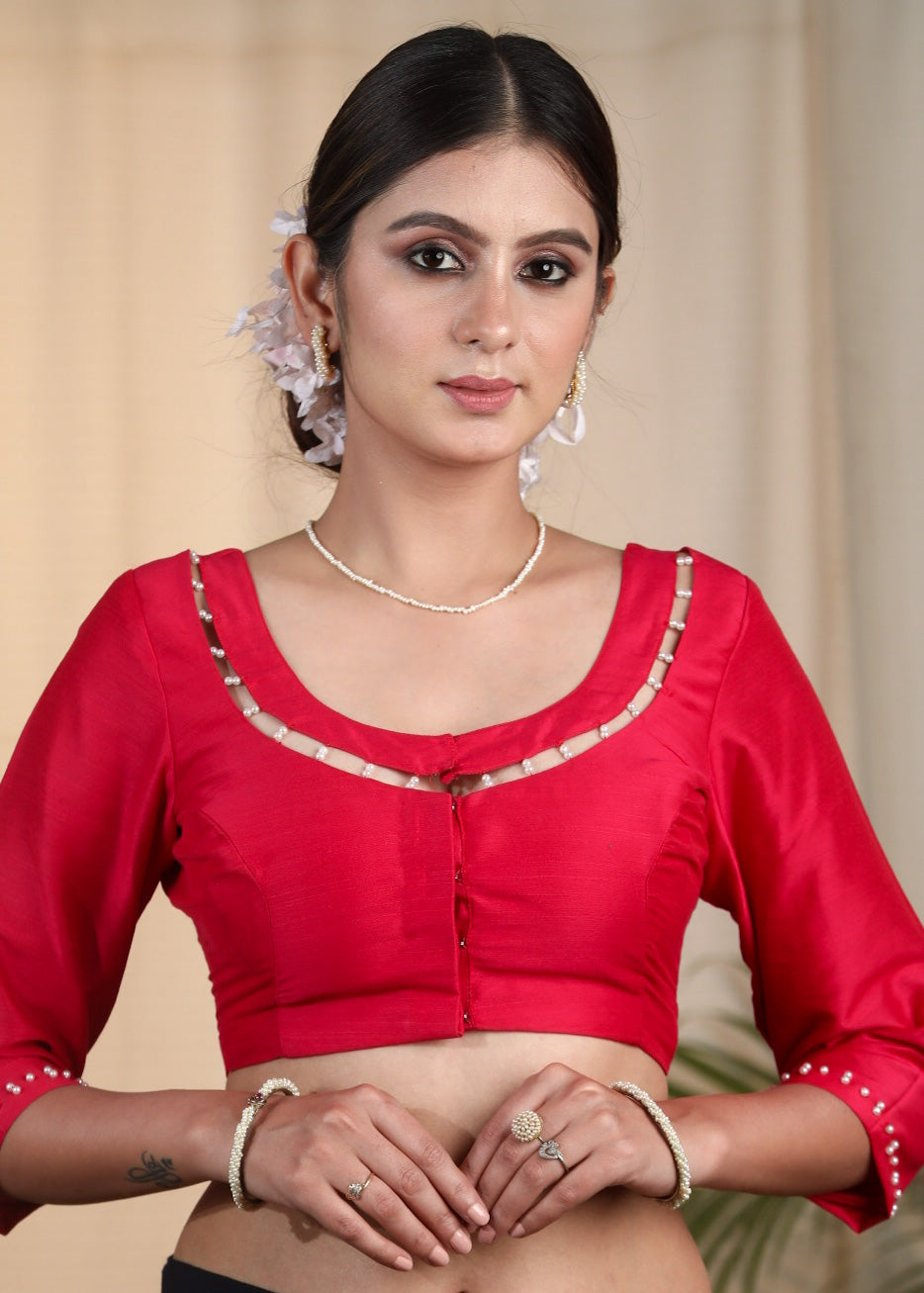 Beautiful Hot Pink Cotton Silk Blouse with Fine Pearl work on Neck and Sleeves