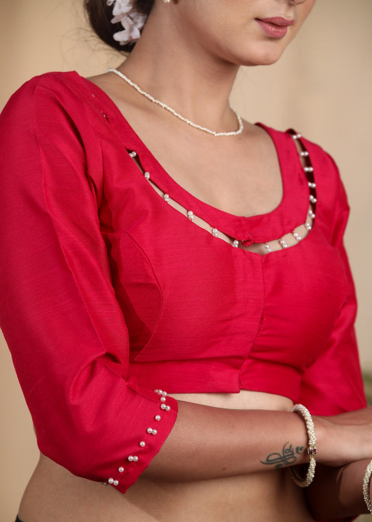 Beautiful Hot Pink Cotton Silk Blouse with Fine Pearl work on Neck and Sleeves