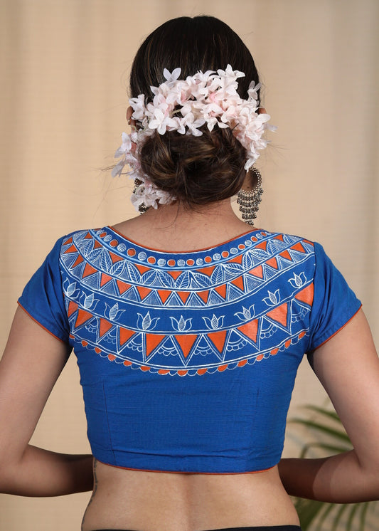 Graceful  Blue Cotton Silk Blouse with Artistic Geometric painting work