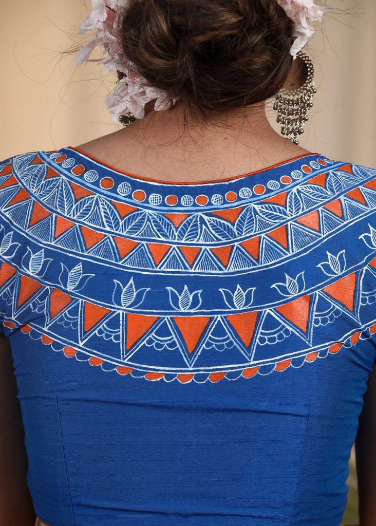 Graceful  Blue Cotton Silk Blouse with Artistic Geometric painting work