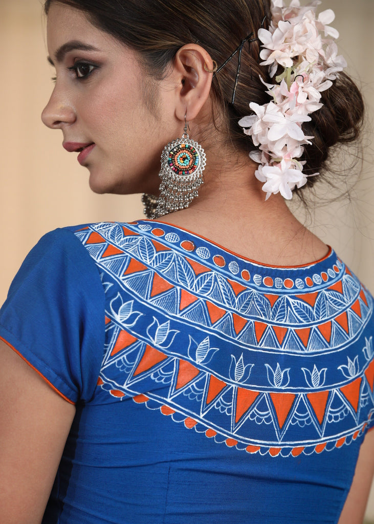 Graceful  Blue Cotton Silk Blouse with Artistic Geometric painting work