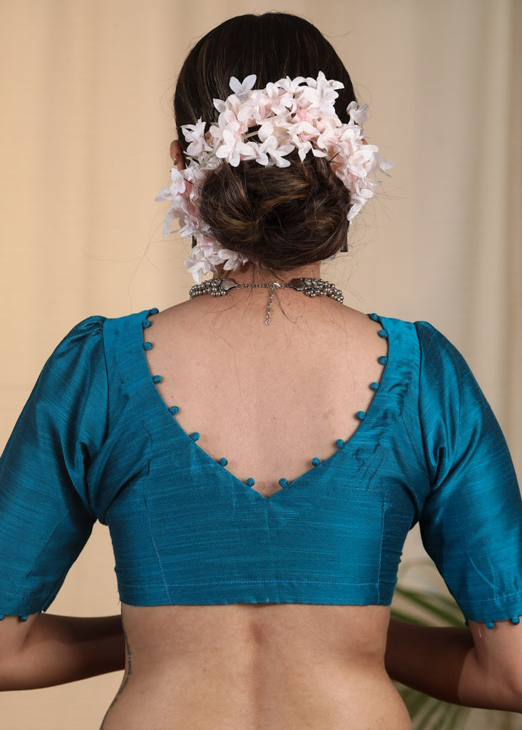 Elegant Firozi colour Cotton Silk Blouse with Potli at Back Neckline