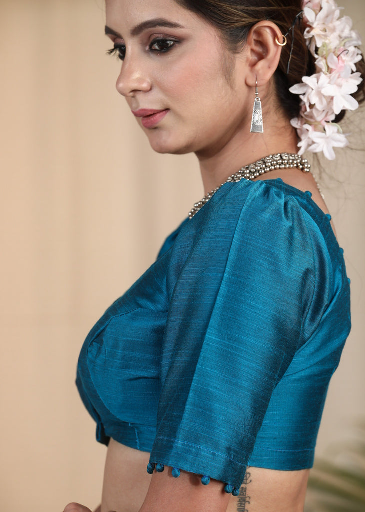 Elegant Firozi colour Cotton Silk Blouse with Potli at Back Neckline
