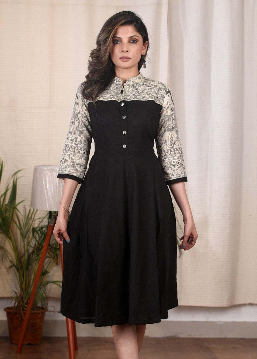 Black cotton dress with Madhubani printed combination