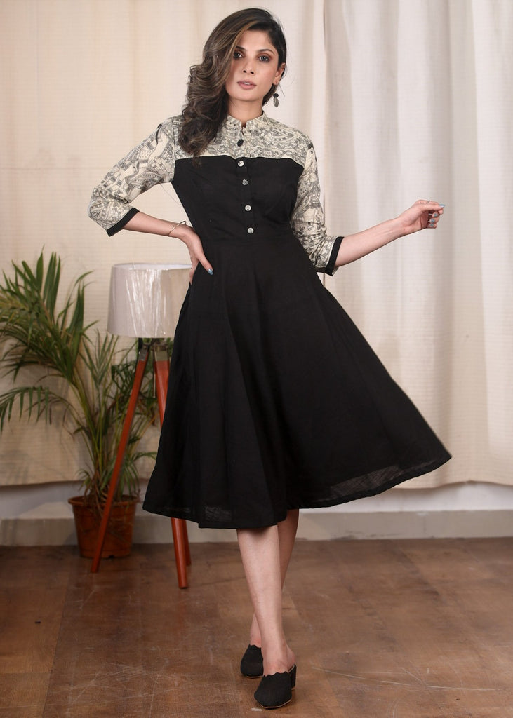 Black cotton dress with Madhubani printed combination