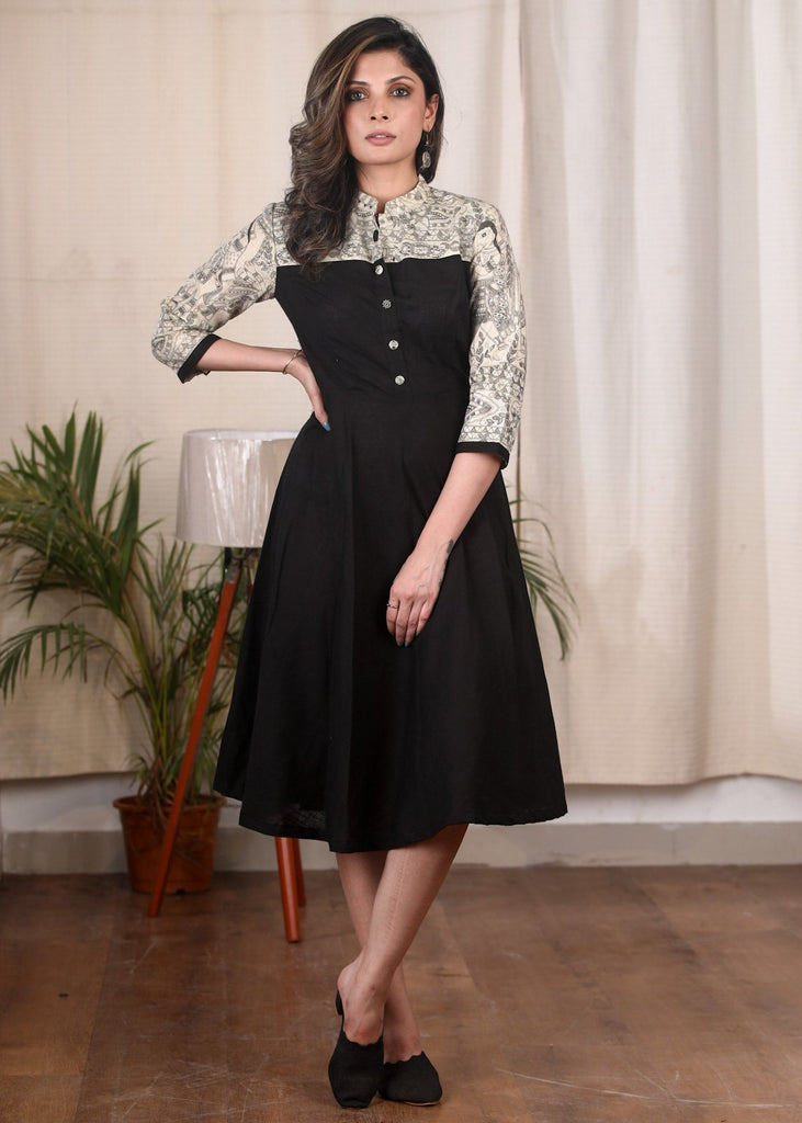 Black cotton dress with Madhubani printed combination