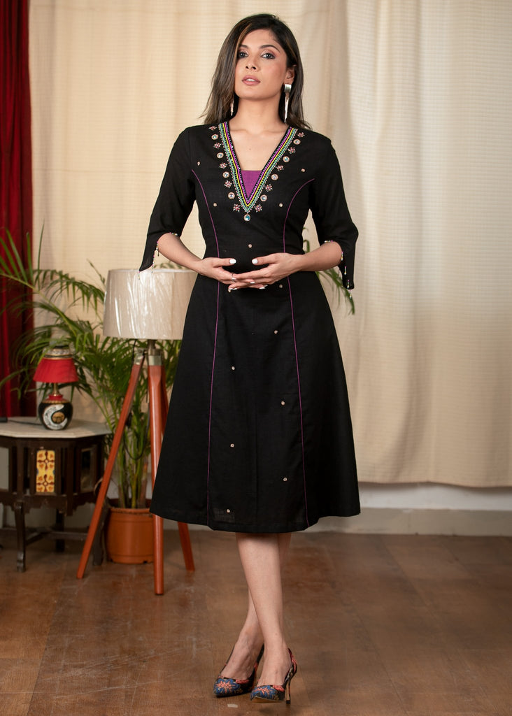 Black cotton dress with exclusive hand embroidered design