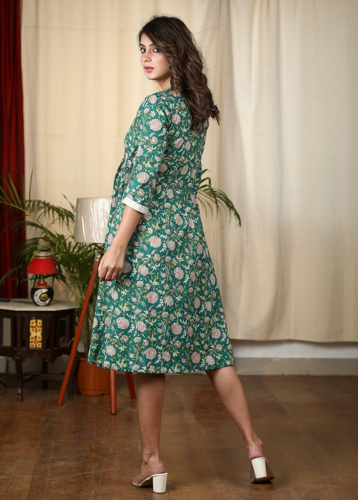 Exclusive green floral Jaipuri printed cotton dress