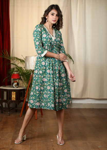 Exclusive green floral Jaipuri printed cotton dress