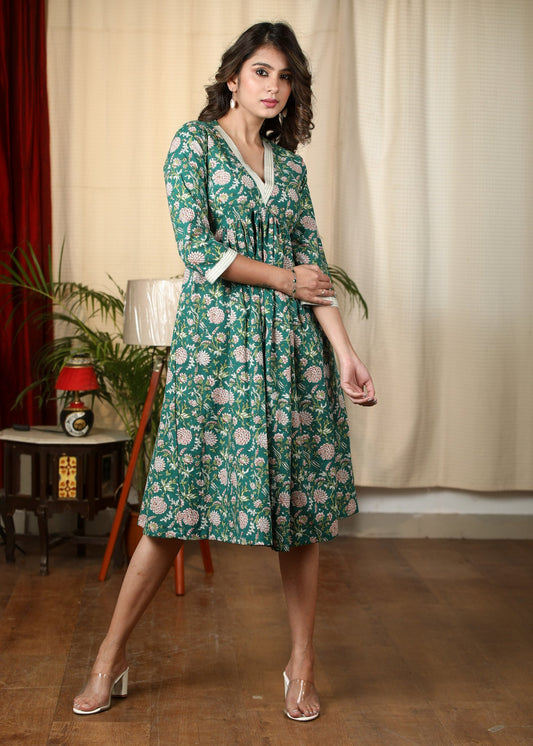 Exclusive green floral Jaipuri printed cotton dress