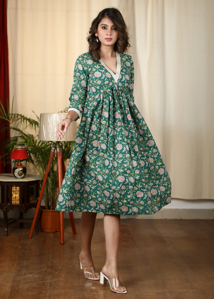 Exclusive green floral Jaipuri printed cotton dress
