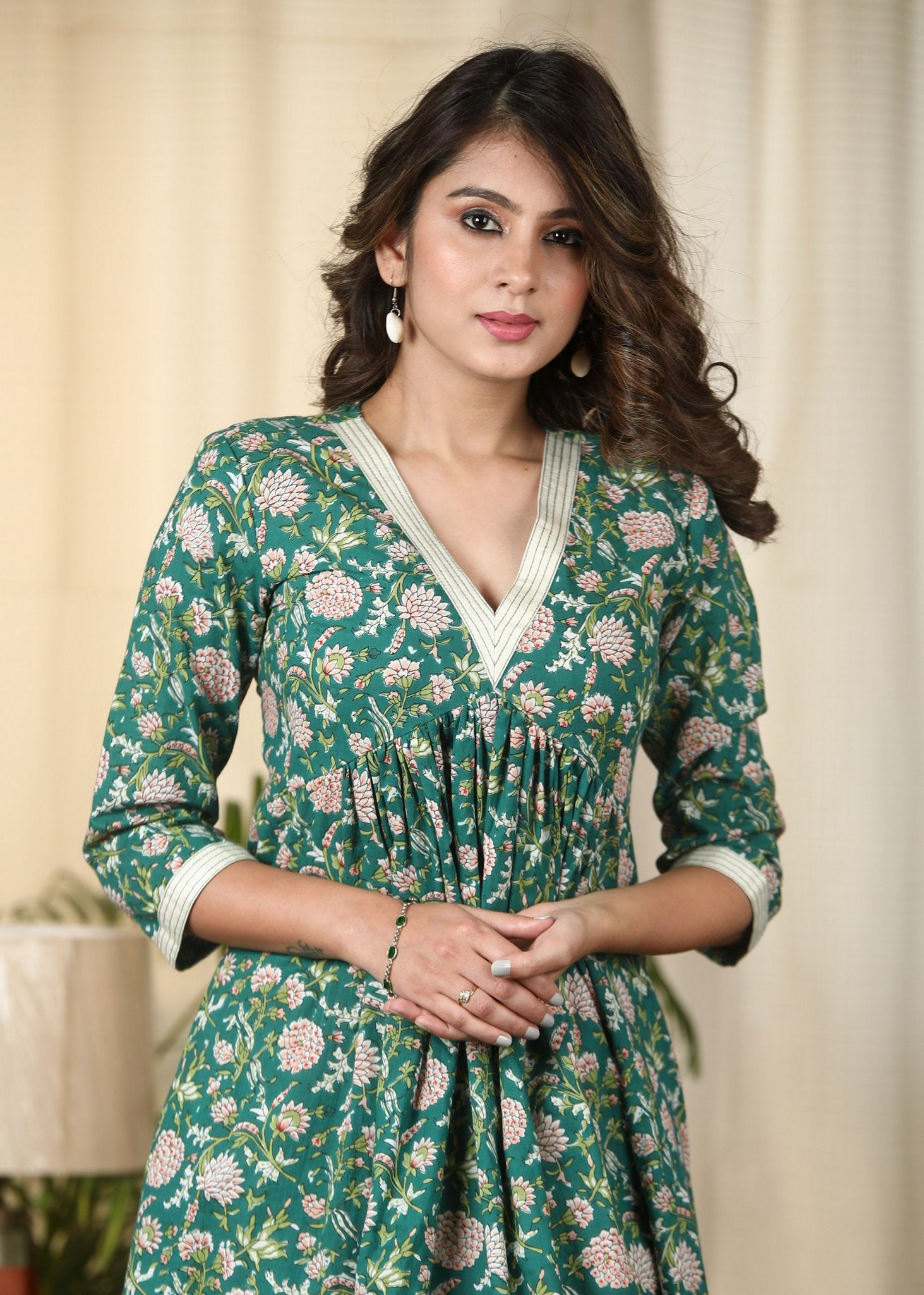 Exclusive green floral Jaipuri printed cotton dress Sujatra Exclusive green floral Jaipuri printed cotton dress Sujatra
