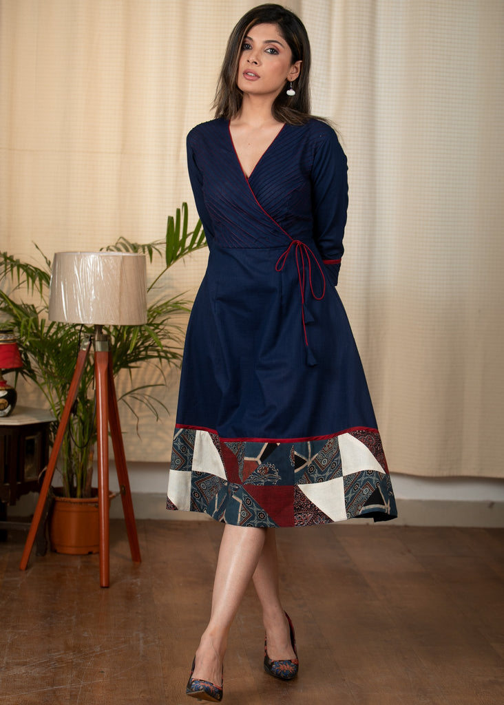 Exclusive blue cotton dress with Ajrakh patchwork