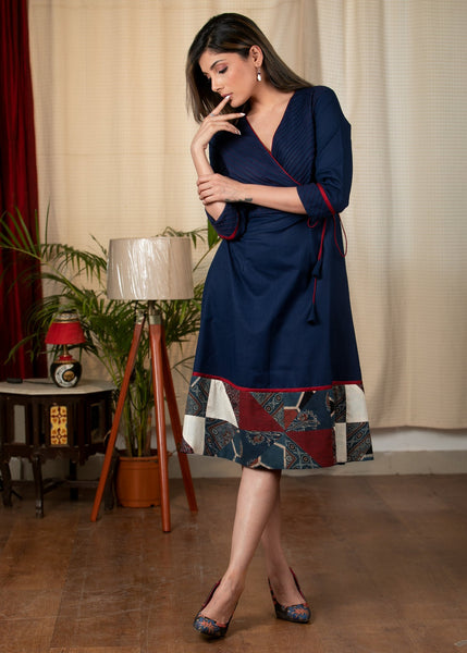 Exclusive blue cotton dress with Ajrakh patchwork