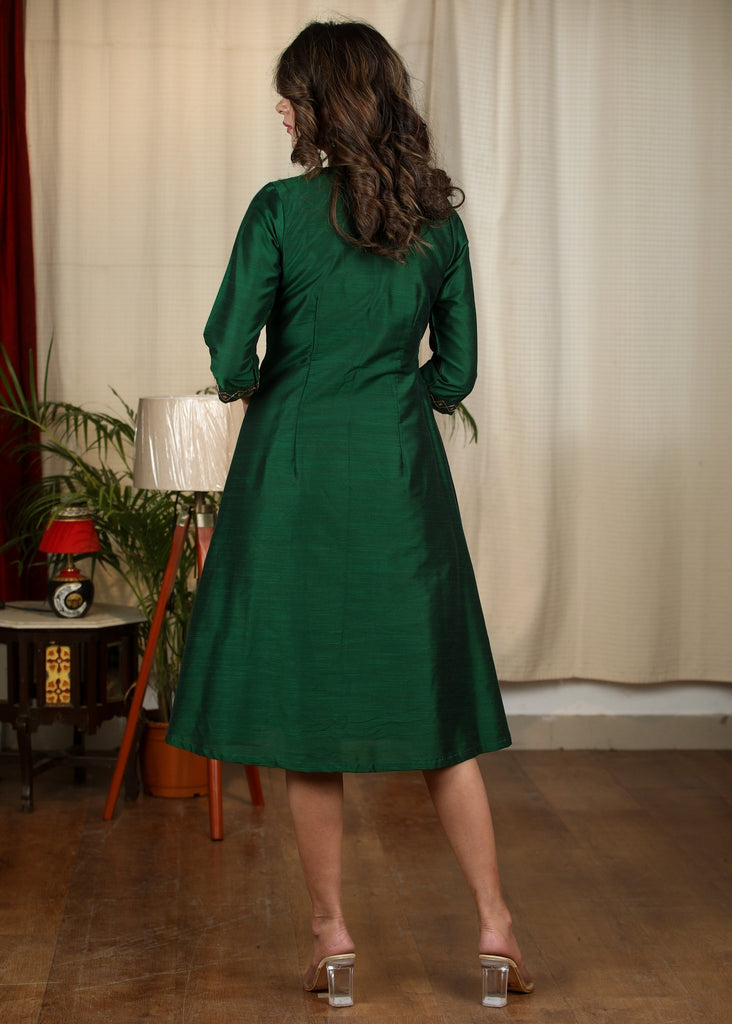Forest green cotton silk one piece dress with exclusive hand embroidered yoke