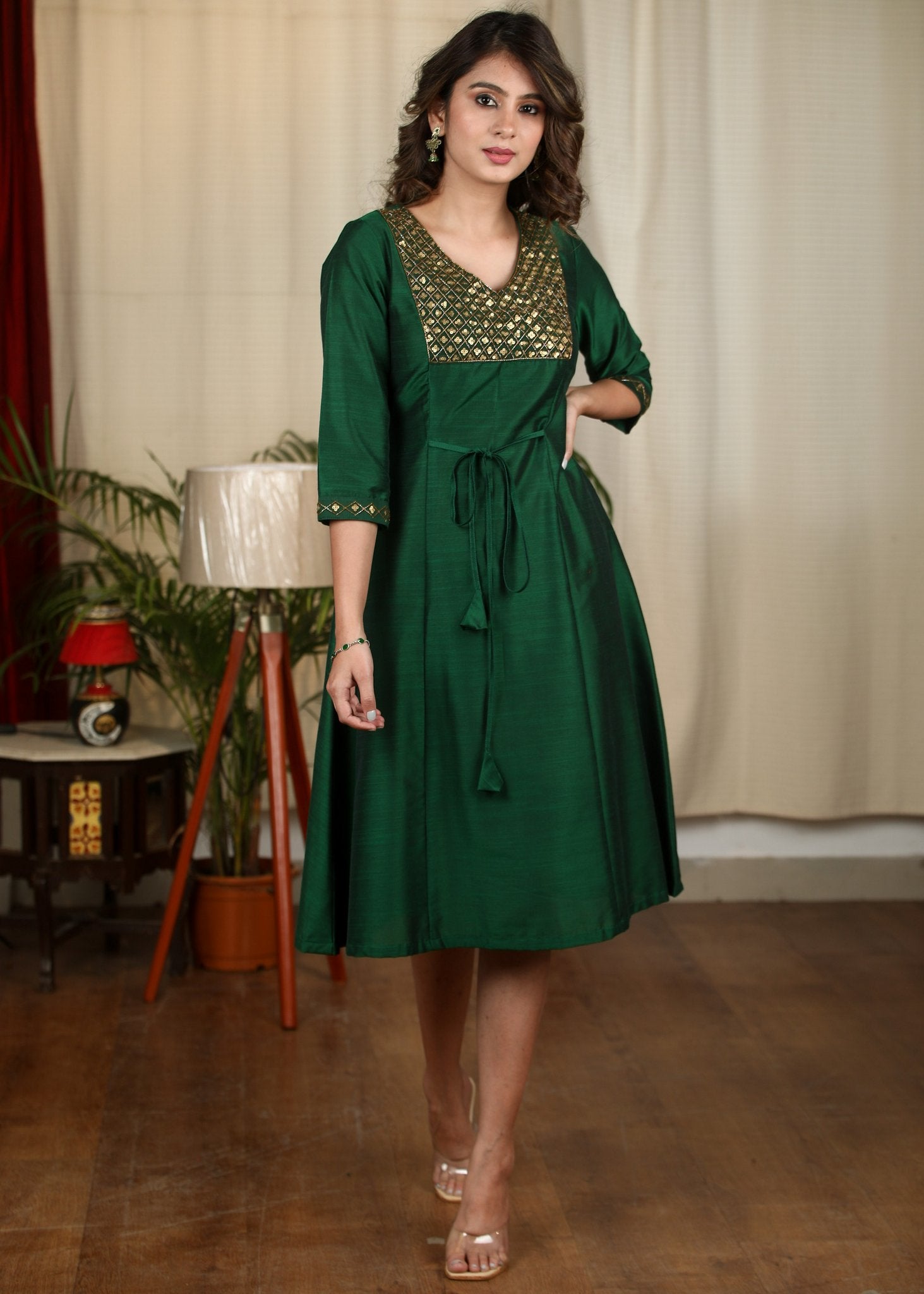 Forest green cotton silk one piece dress with exclusive hand embroider – Sujatra
