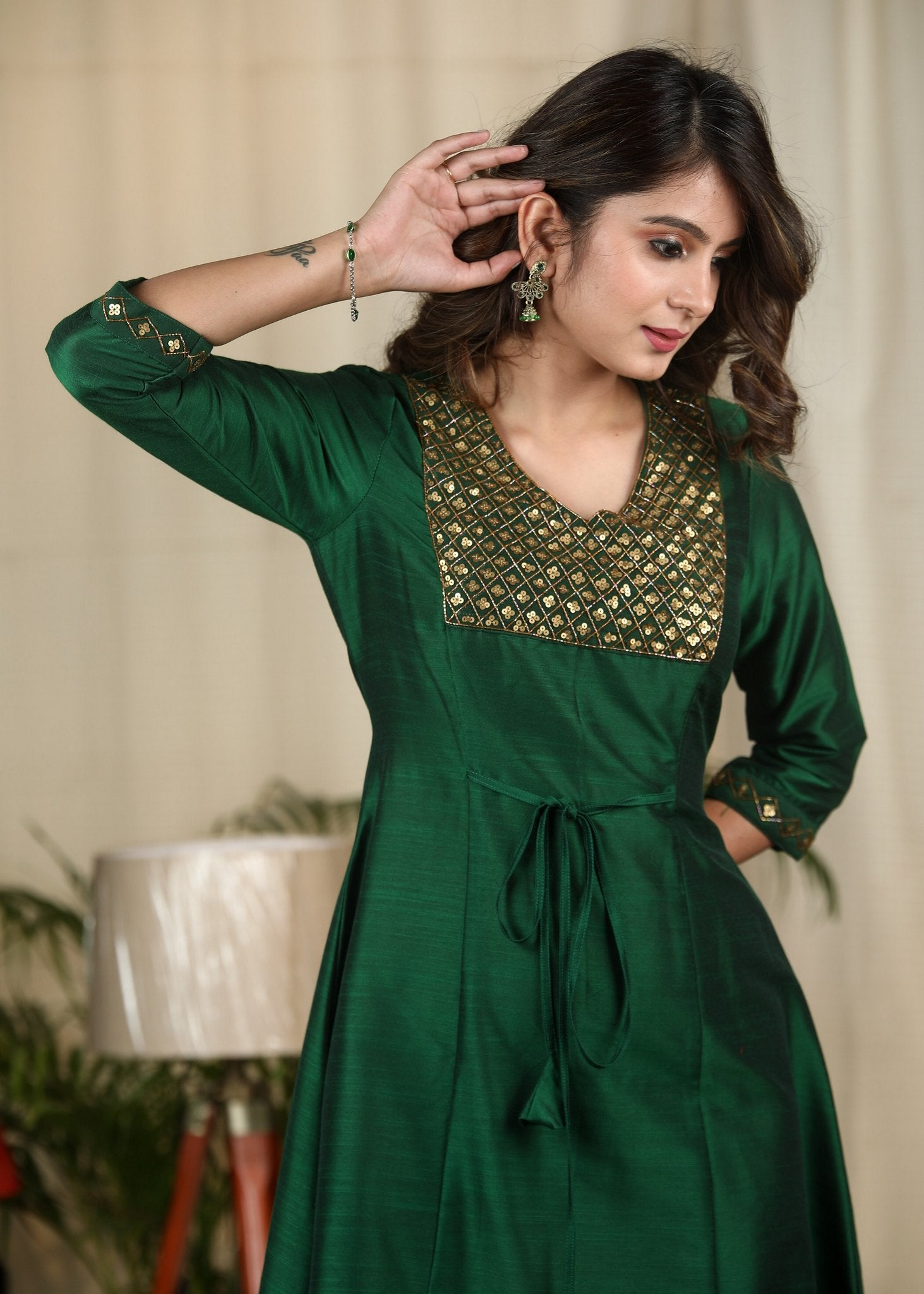 Forest green cotton silk one piece dress with exclusive hand embroider –  Sujatra