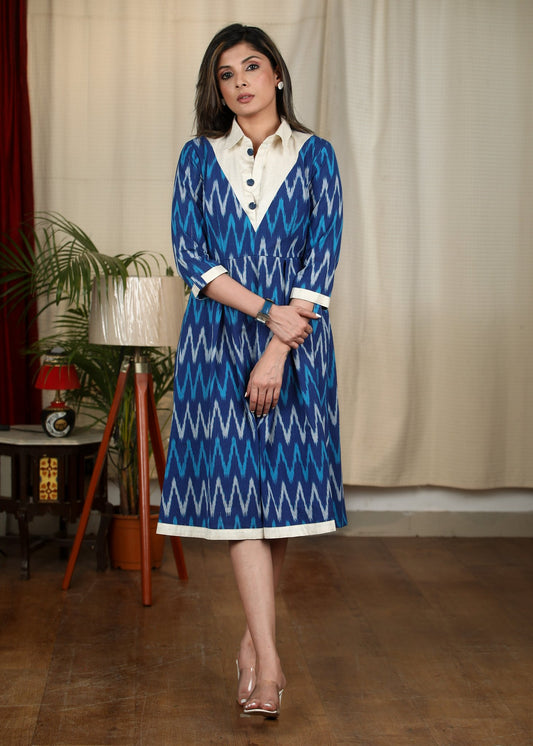 Exclusive blue ikat collared cotton dress