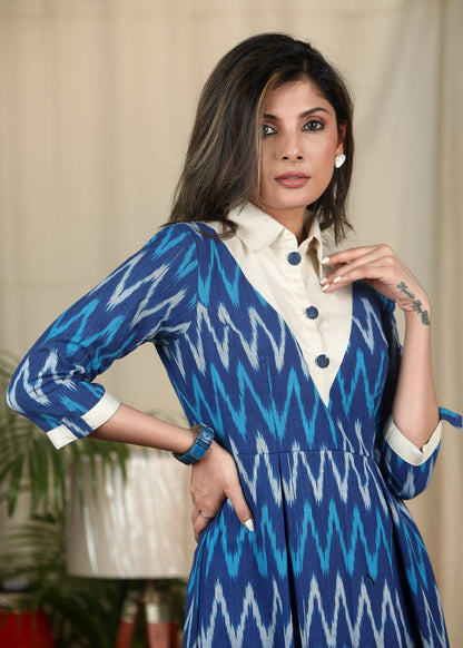 Exclusive blue ikat collared cotton dress
