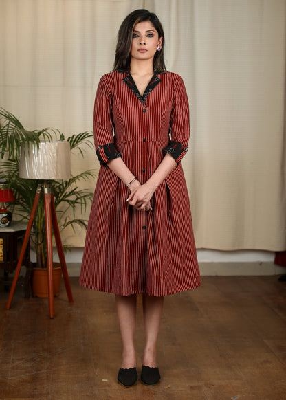 Exclusive striped Ajrakh Printed One Piece Dress with Ikat Collar