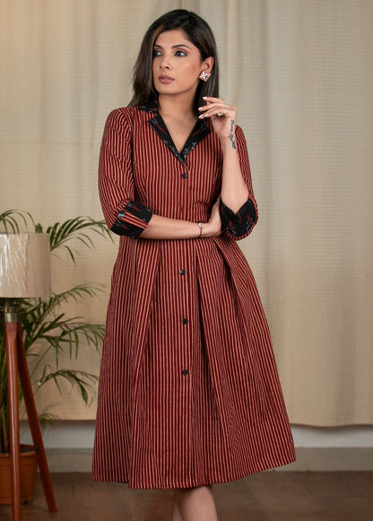 Exclusive striped Ajrakh Printed One Piece Dress with Ikat Collar