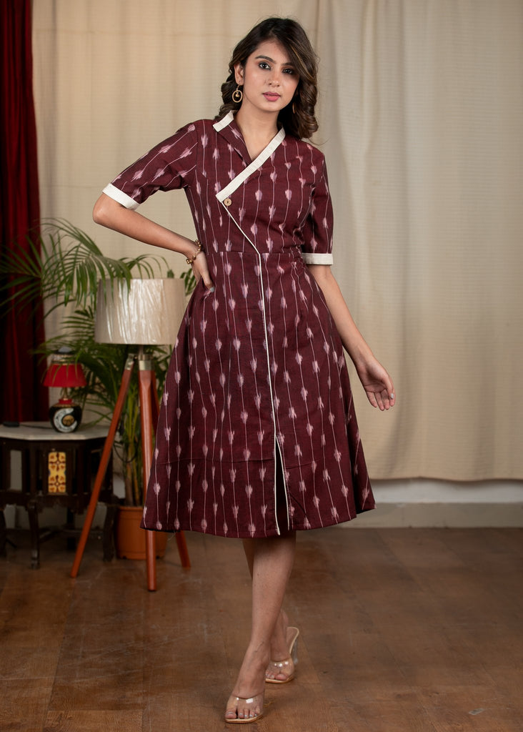 Exclusive brown ikat one piece cotton dress