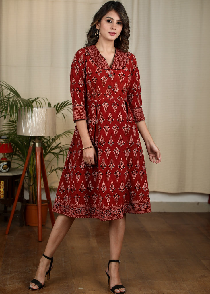 Exclusive maroon Ajrakh printed cotton one piece dress