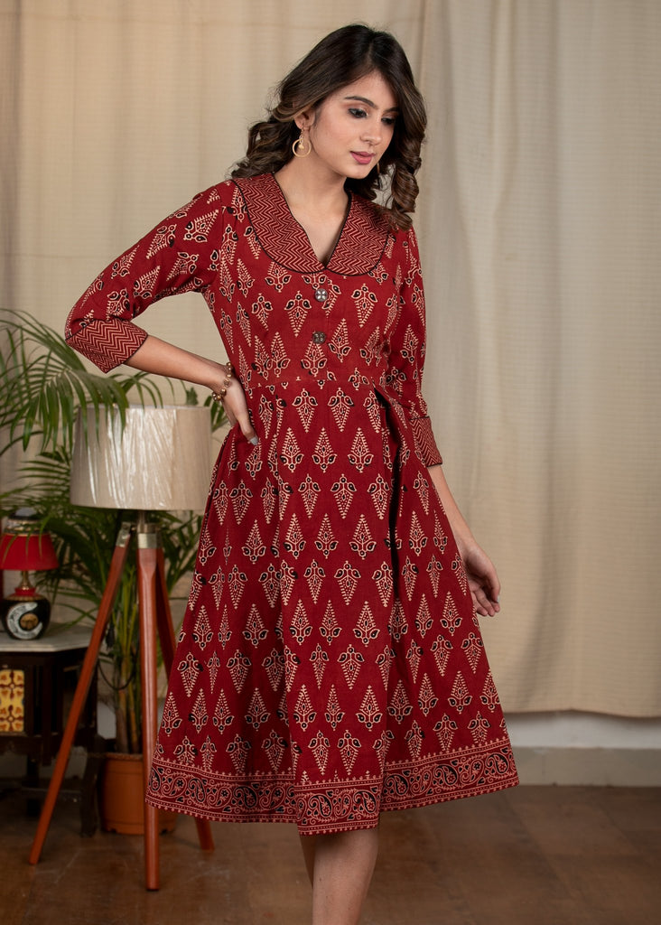 Exclusive maroon Ajrakh printed cotton one piece dress